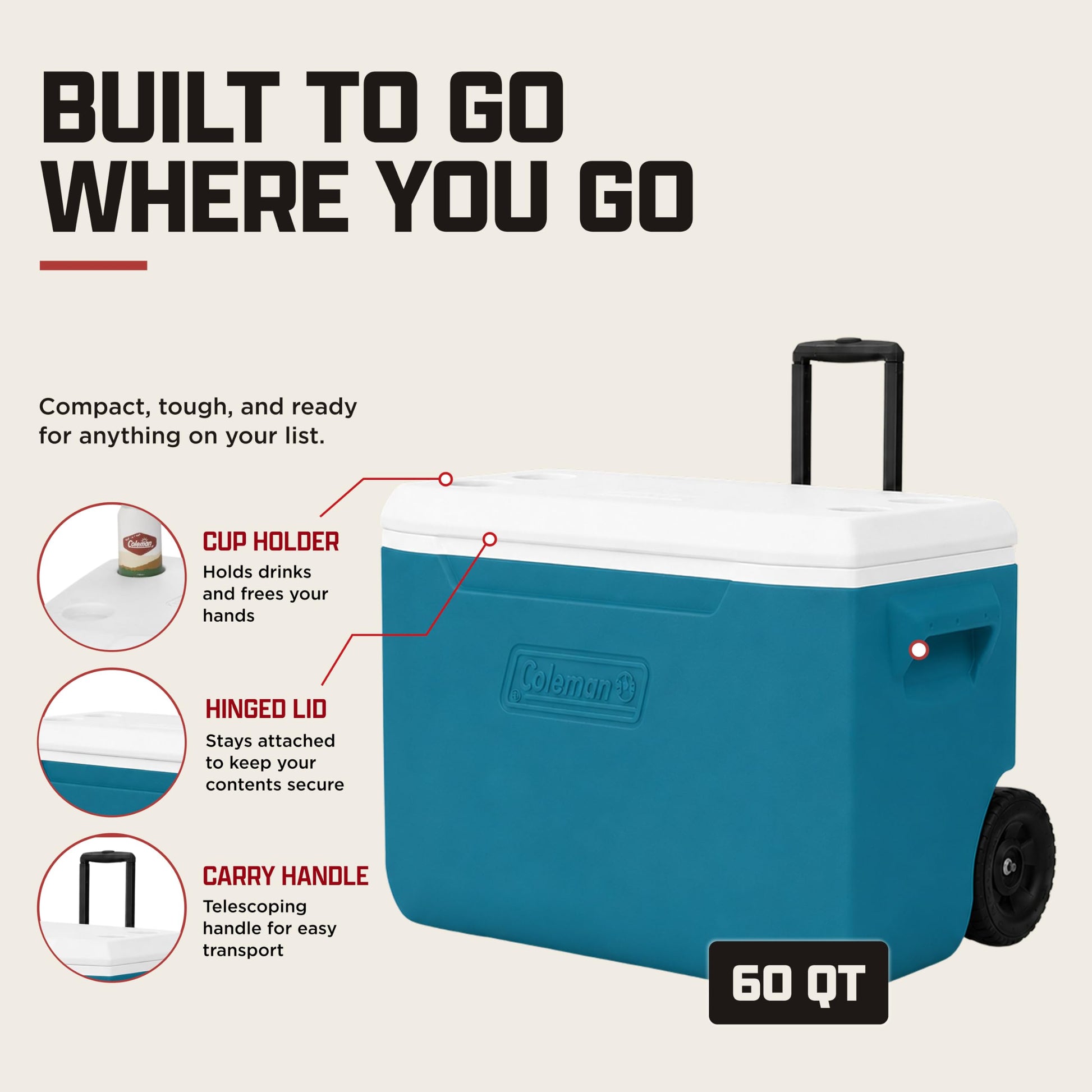 Coleman 60qt Rolling Cooler with Wheels, Insulated Portable Wheeled Chiller with Ice Retention