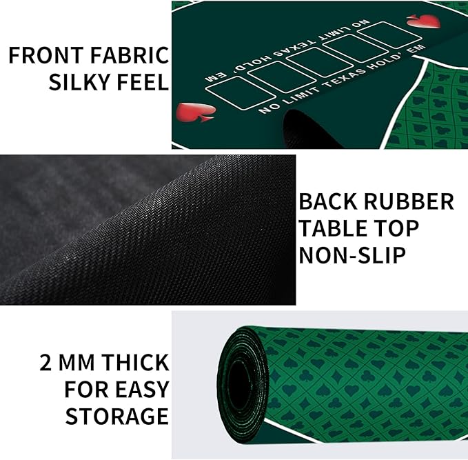 nuveti 24/31/39/47/55/63 inch Square Foldable 6-Player Texas Poker Card Tabletop Layout Portable Anti-Slip Rubber Board Game Mat Texas Hold'em Poker Mat for Family Game, Casino, Party