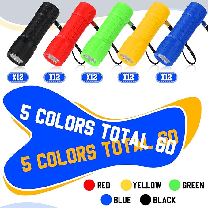 Riakrum 60 Pack 9 LED Flashlight Bulk Small Plastic Handheld Flashlights with Lanyard for Home School Night Reading Emergency Christmas Gifts, AAA Batteries Included(Fresh Color)