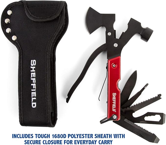 Sheffield 12138 14-in-1 Hatchet Multitool, Camping Hatchet Comes With 1680D Polyester Hatchet Sheath, Alloy Steel Camping Hammer Multitool, Great Hiking Gifts