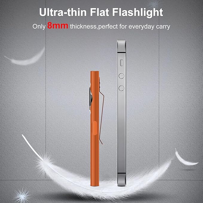 klarus E5 Pocket Flashlight, Rechargeable EDC Flashlight, Super Slim 4.2x1x0.3inch, 600 Lumens, USB-C Port, IPX4, Dual Light Source with Magnetic Base, Hat & Clothes Clip - Orange