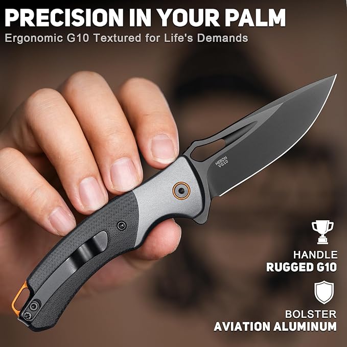 NedFoss Heron Pocket Knife for Men, 2.95" Japanese VG10 Steel Blade Button Lock EDC Knife with Lightweight G10 Handle w/Aluminum Bolster, Folding Utility Knife for Camping, Hunting, Survival Use