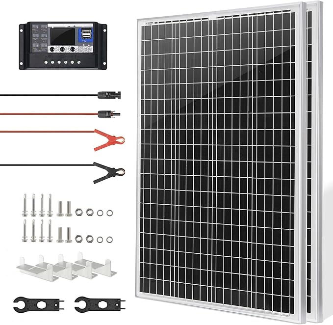 2 Pcs 100 Watt 12 Volt Monocrystalline Solar Panels Kit, with 30A 12V/24V PWM Charge Controller for Outdoor RV Boat Trailer Camper Marine Off-Grid Home (200 Watt with Accessories)