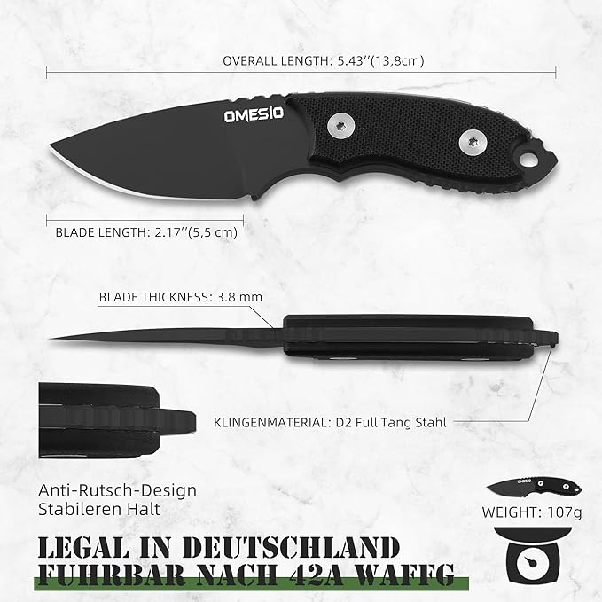 Omesio Neck Knife, 5.43" Neck Knife with Sheath and Necklace, Full Tang Small Mini Fixed Blad Knife with Clip D2 Steel 2.17-Inch Blade G10 Handle for Camping, Tactical (Black Handle + Black Blade)