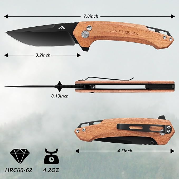 FLISSA Pocket Folding Knife, 3.2??D2 Blade Wood Handle EDC Knife with Button Lock and Pocket Clip for Hiking, Camping, Outdoor Activities