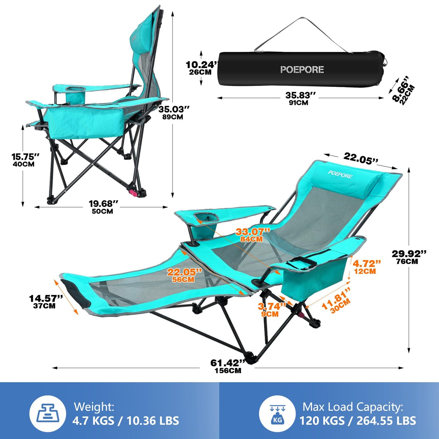 POEPORE Reclining Camping Chair 4 Position with Foot Rest Comfortable for Adults 265Ibs Folding