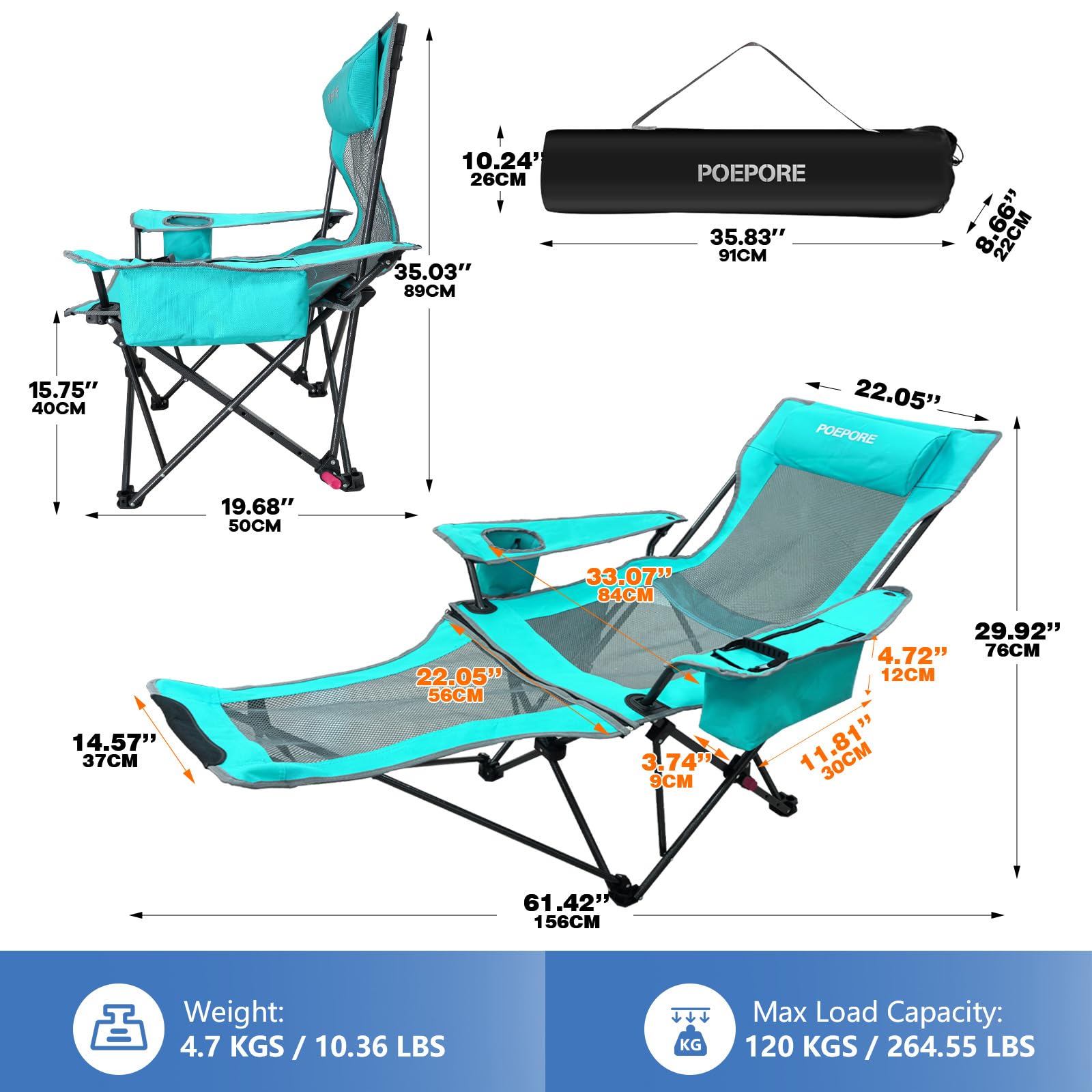 POEPORE Reclining Camping Chair 4 Position with Foot Rest Comfortable for Adults 265Ibs Folding