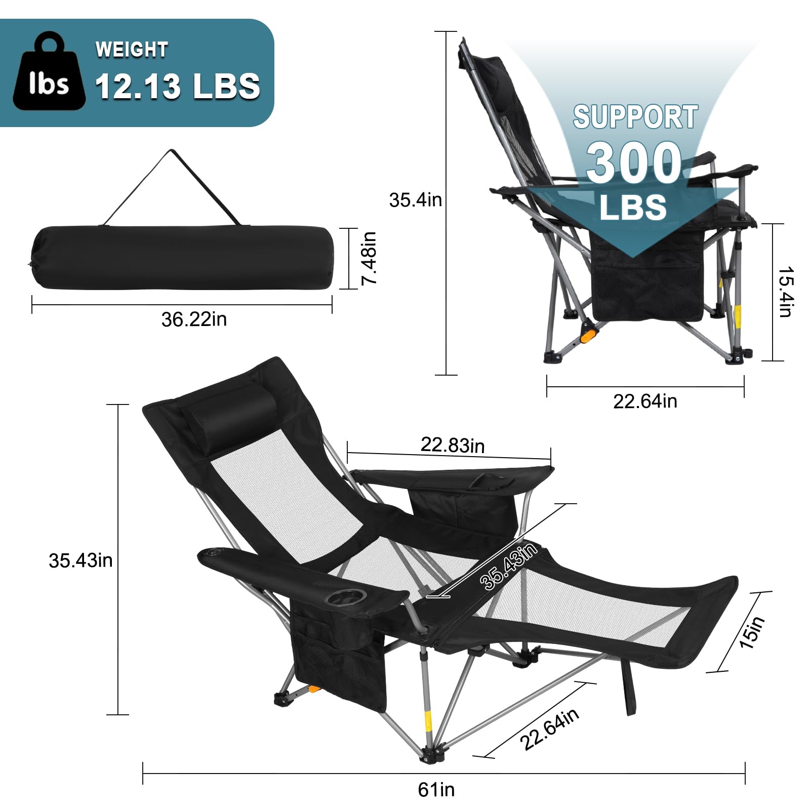 Romswi 2Pack 4-Position Reclining Camping Chair with Removable Footrest, 2-in-1 Adjustable Portable