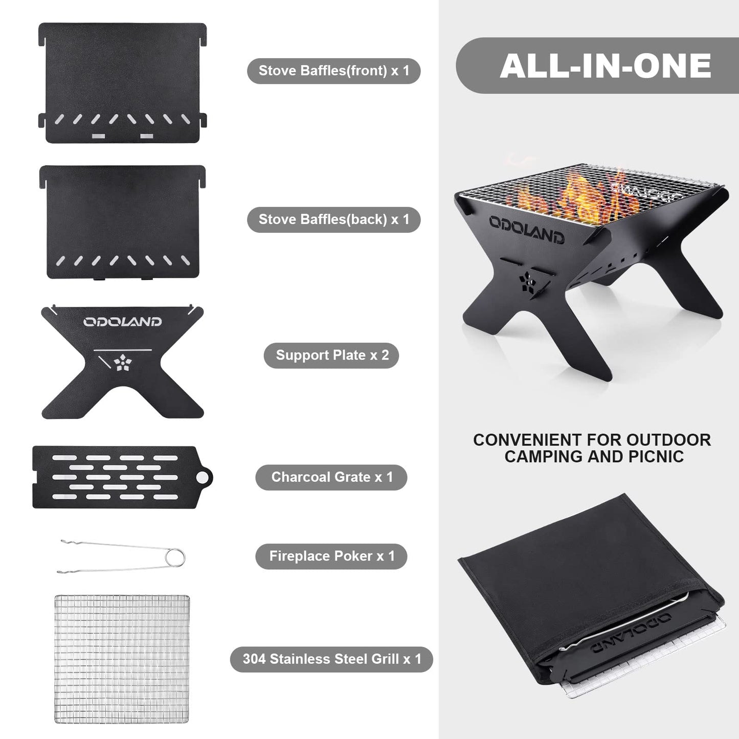 Odoland Camping Campfire Grill, Portable Folding Charcoal Grills, Backpacking BBQ Grill, Heavy Duty