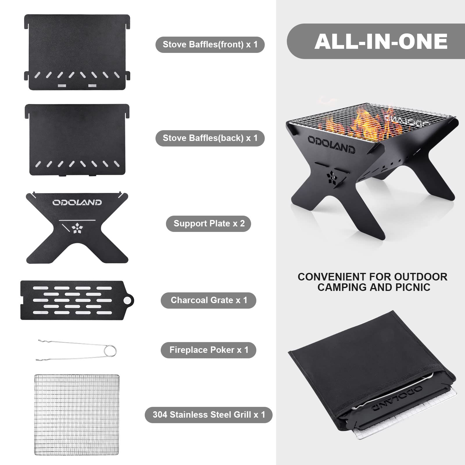 Odoland Camping Campfire Grill, Portable Folding Charcoal Grills, Backpacking BBQ Grill, Heavy Duty
