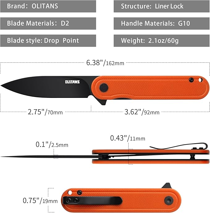 G040 Pocket Knife, 2.75'' D2 Steel Blade G10 handle, Small EDC Knife with Pocket Clip for Men Women, 2.1oz