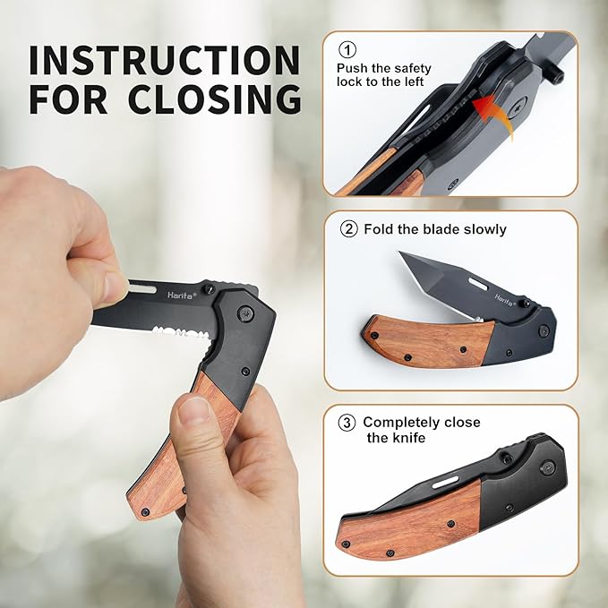 Pocket Knife for Men, Folding Knife with Pocket Clip, Wood Handle EDC for Women with 3.4″ Black Serrated Steel Blade, Camping Knife, Hunting, Hiking - Father's Day Gift