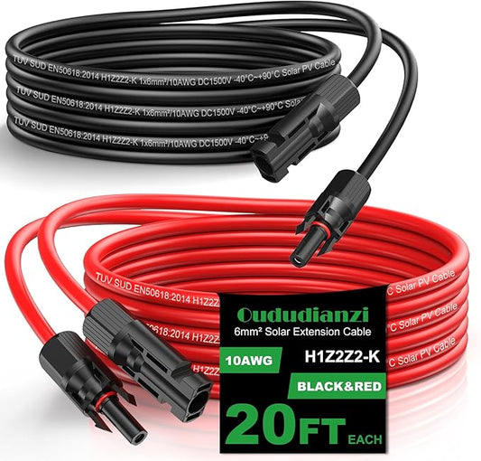 Oududianzi Solar Extension Cable 20Ft, Solar Wire 10AWG, Tinned Copper PV Cable 10Gauge, Solar Panel Cables with Waterproof Connectors for Home Boat RV Outdoor Camping Solar Panels