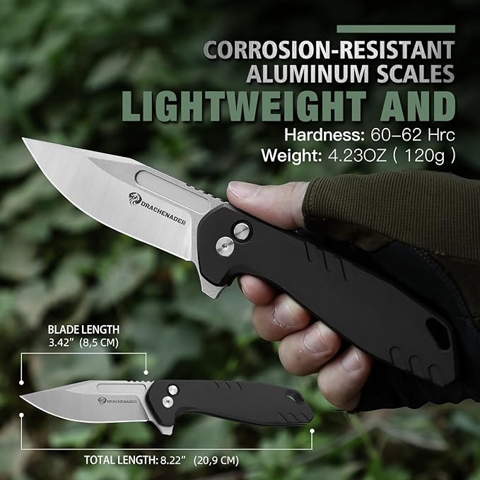 Button Lock Pocket Folding Knife with Nylon-Sheath (Horizontal carry), 3.42" D2 Blade with Aluminum Handle, Camping Pocket & Folding Knives with Clip, EDC Knife Gift, Black