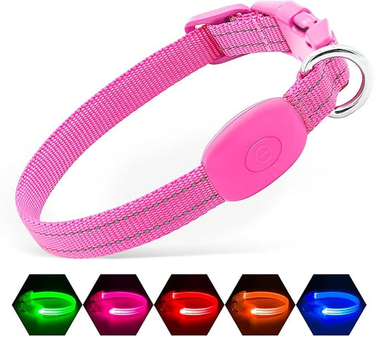 Illumifun LED Cat Collar, USB Rechargeable Light Up Dog Collar, Adjustable Safety Collar Light for Small Dogs Cats Glow in The Dark (Pink, X-Small)