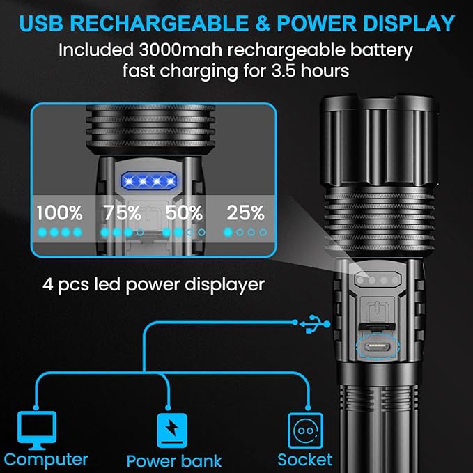 Rechargeable LED FLashlights 8000 High Lumens, Super Bright LED Tactical Flashlight with Power Display, Zoomable, with COB Lightï¼?Waterproof,Powerful Handheld Flashlight for Camping,Hiking 2 Pack