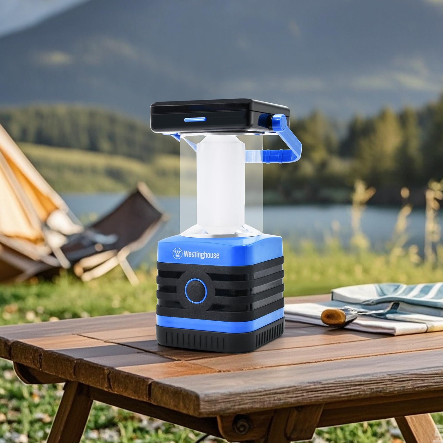 Solar Rechargeable Camping Lantern, 1000 Lumen LED Lantern, 5 Lighting Modes, IPX4 Water Resistant