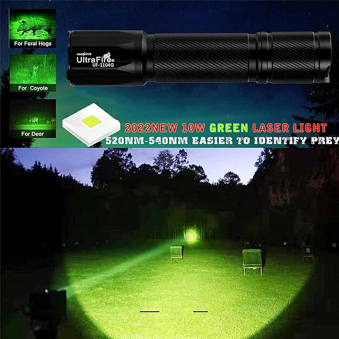 ULTRAFIRE Hunting Green Flashlight - 382 Yards Green Light Predator Light 520nm-540nm Green Tactical Flashlight with Picatinny Rail Mount and Pressure Switch Kit for Hogs,Coyotes, Varmints