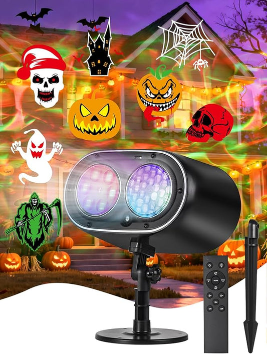 Christmas & Halloween Projector Lights Outdoor/Indoor – No Slides Needed | 12 Patterns & 7 Colors for Festive Decor | Remote & Timer Control | IP65 Waterproof Yard/Garden/Patio (Black 1)