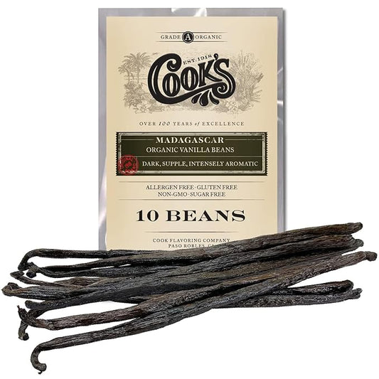 10 Organic Madagascar Whole Vanilla Beans, Grade A Pods, Premium Vanilla Beans for Making Extract & Baking - Cook’s