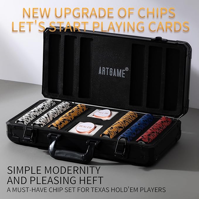 ARTGAME 14 Gram Clay Poker Chip Set for Texas Hold’em, 500 Pcs Casino Style Chips, with K-Type Aluminum Case and Dealer Buttons.