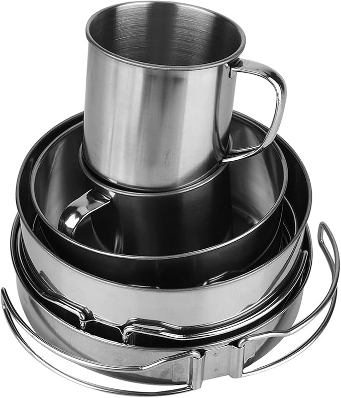 Stainless Steel Camping Cookware Set with Pot, Pan, Plates and Cups, Portable Folding Outdoor Cooking Kit for Picnic, BBQ and Travel