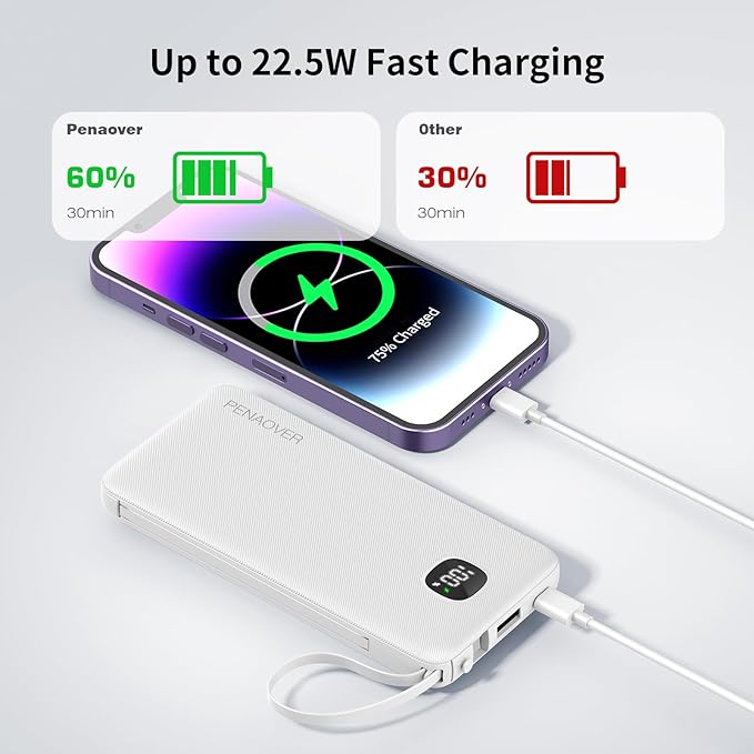 Portable Charger with Built-in Cables&AC Wall Plug,Slim 10000mAh 22.5W Fast Charging Power Bank,5 Output 2 Input USB-C External Battery Pack Compatible with iPhones,Samsung,Android, etc