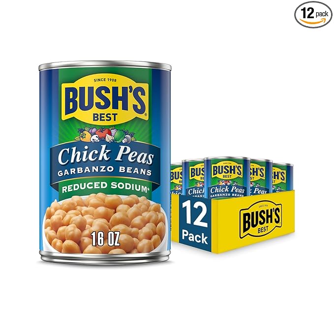 BUSH'S BEST 16 oz Canned Reduced Sodium Garbanzo Beans, Source of Plant Based Protein and Fiber, Low Fat, Gluten Free, (Pack of 12)