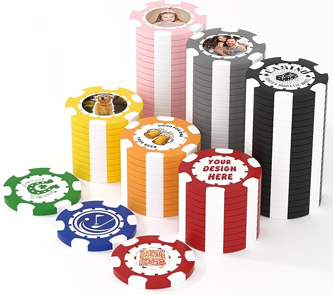 25 Custom Clay Poker Chips, 40mm Heavy 11.5g Casino Sized Personalized Poker Chips with Your Logo, Image or Text, Custom Drink Tokens for Bar, Party, Tournaments, Golf Club or Events