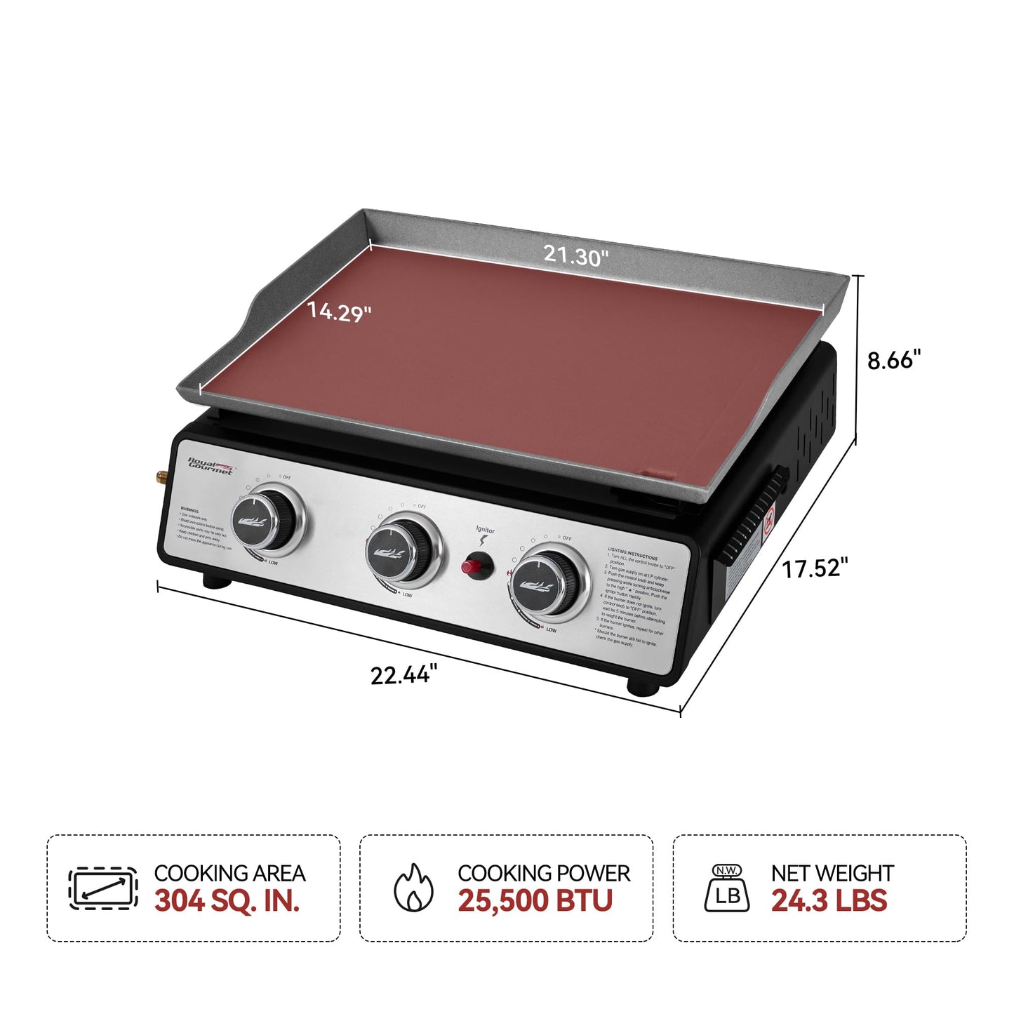 Royal Gourmet PD1301S Portable 3-Burner Tabletop Gas Griddle