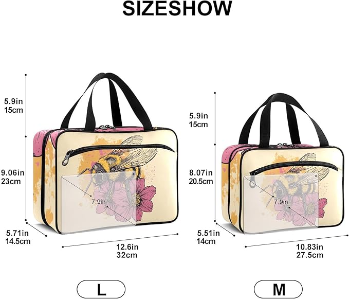 Fustylead Vintage Bee and Flowers Travel Medicine Storage Bag Large Household Pill Bottle Organizer with Zipper for First Aid, Pills, Vitamins, Medical Supplies