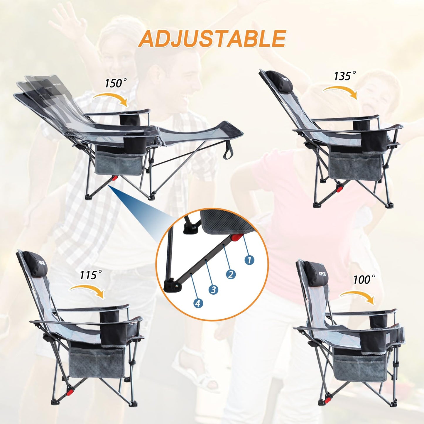 POEPORE Reclining Camping Chair with Removable Footrest Lounge Chair with Headrest, Cotton Cushion