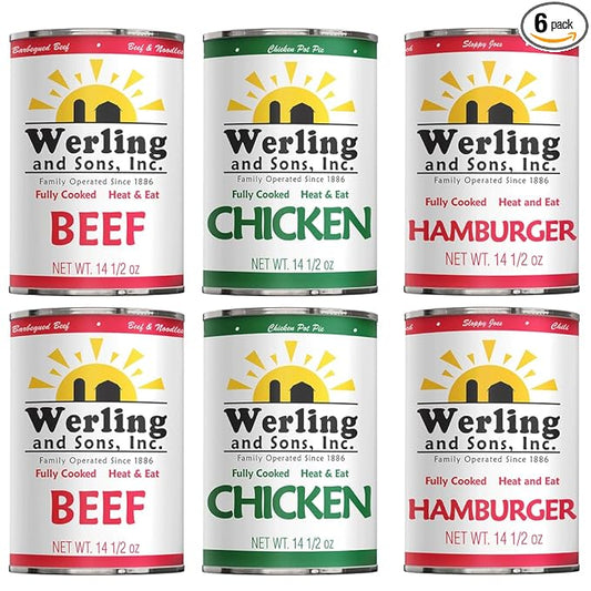 Werling & Sons Canned Meat Variety Pack 14.5 oz – Fully Cooked & Ready to Eat | 2 Hamburger, 2 Chicken, 2 Beef | Shelf-Stable Emergency Canned Food for Pantry Staples, Long-Term Storage, Camping & Quick Meals | Pack of 6