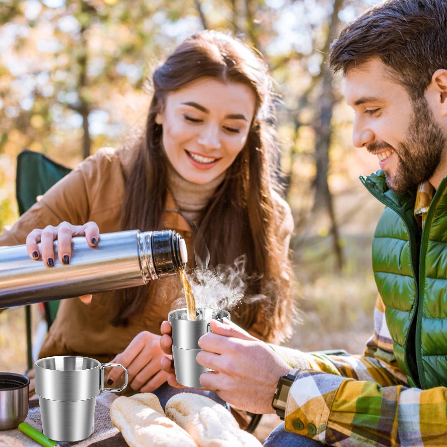 Ftabernam 4-Pack Stainless Steel Camping Cups with Foldable Handle, 10 oz Camping Coffee Mugs with