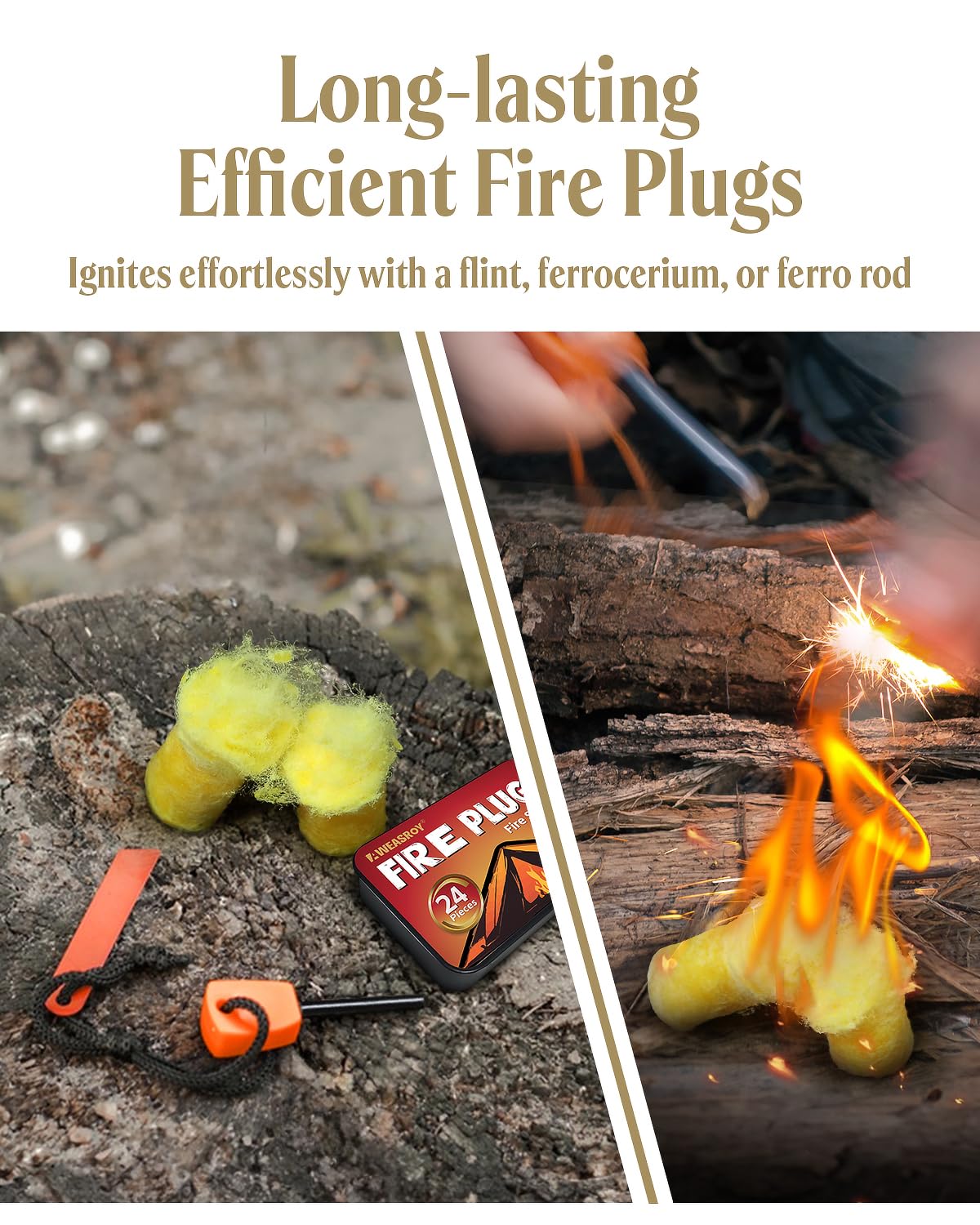 AWEASROY Fire Plugs Fire Starters, Windproof Long Brun Survival Tools 24pcs