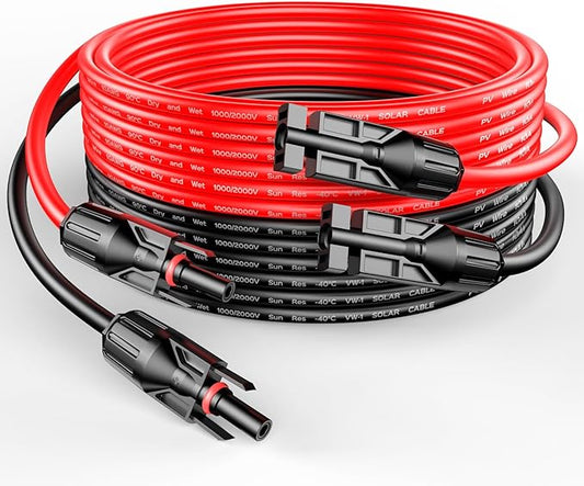 RICH SOLAR 10 Gauge 10AWG One Pair 15 Feet Red + 15 Feet Black Solar Panel Extension Cable Wire with Female and Male Connectors (15FT 10AWG)