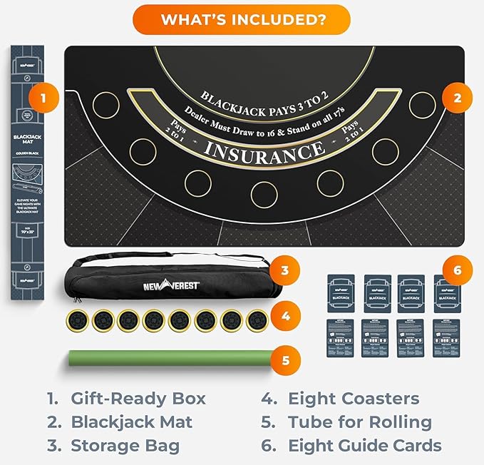 Newverest Blackjack Mat 70" x 35", Blackjack Table Top for Home Game Nights with Friends | Black Jack Casino Table Topper, Poker Mat Layout in Zipper Storage Bag with 8 Coasters in Gift-Ready Box