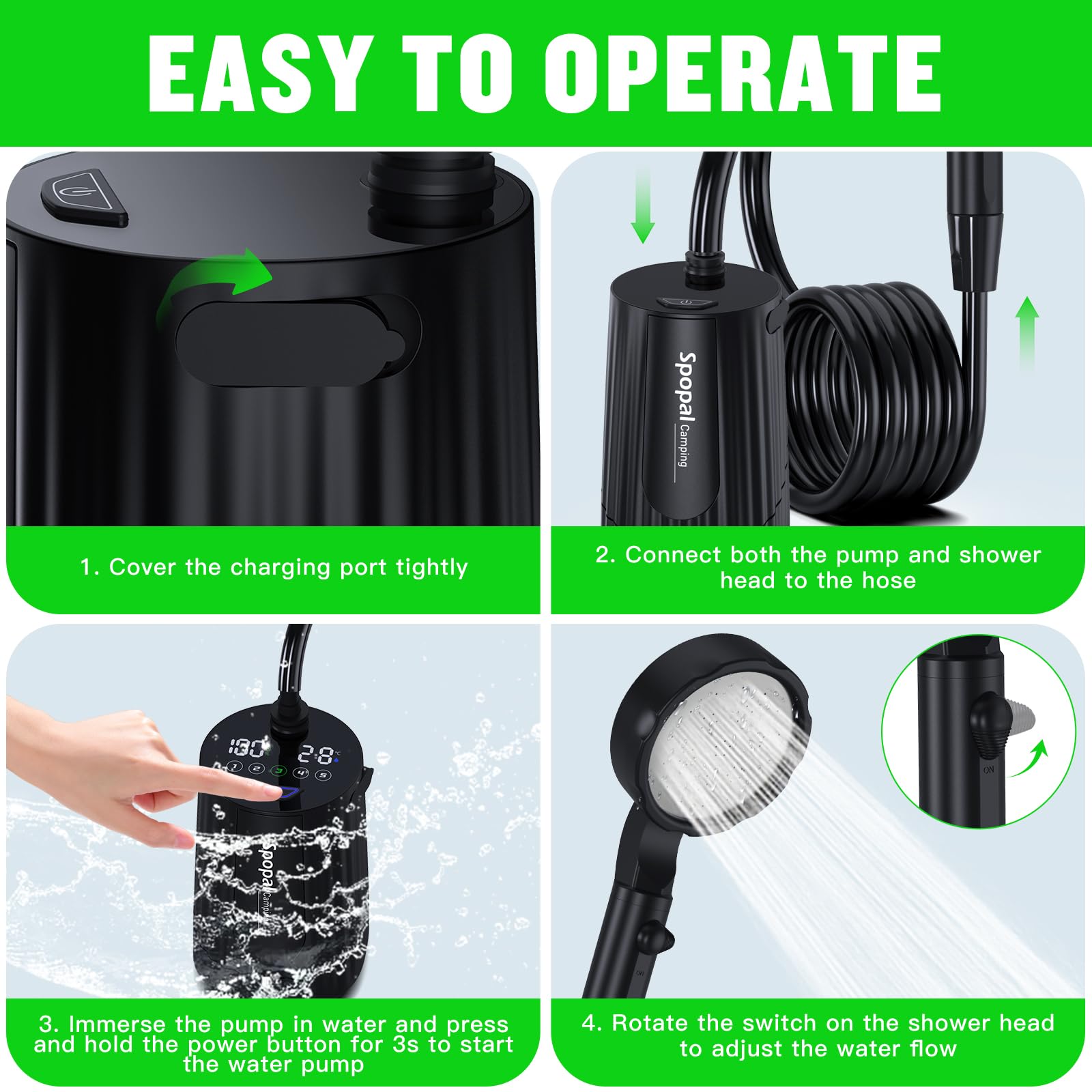 Spopal Portable Shower for Camping, [Upgraded] 10000mAh Rechargeable- Black