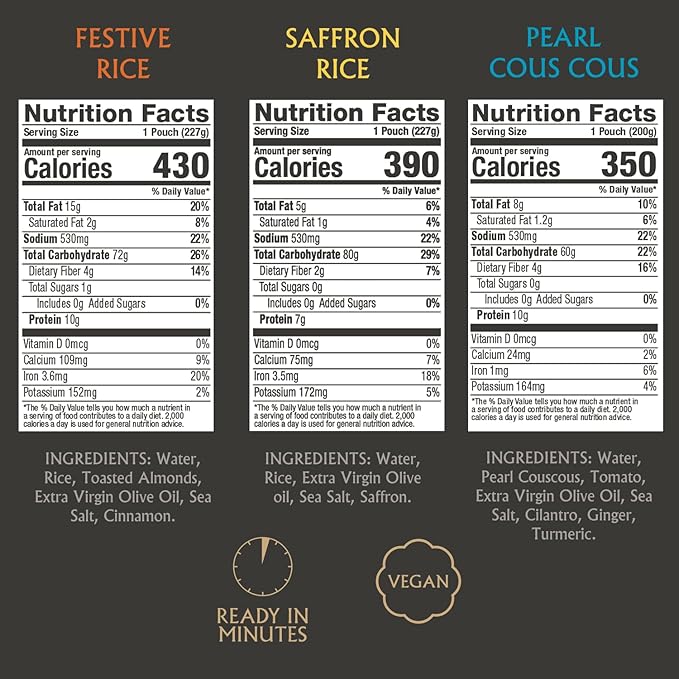 Mina Saffron Rice, Festive Rice, Pearl Couscous, Variety Pack of 6, Ready to Eat, Microwavable, Couscous Pearls, Side Dishes, Vegan Protein, Non-GMO, Kosher