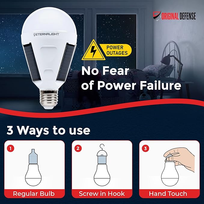 Original Defense EternaLight Rechargeable LED Bulbs (8 Count) - Emergency Light Bulbs with Battery Backup for Power Outages, Home, Camping, and Outdoor Activities - Solar Powered