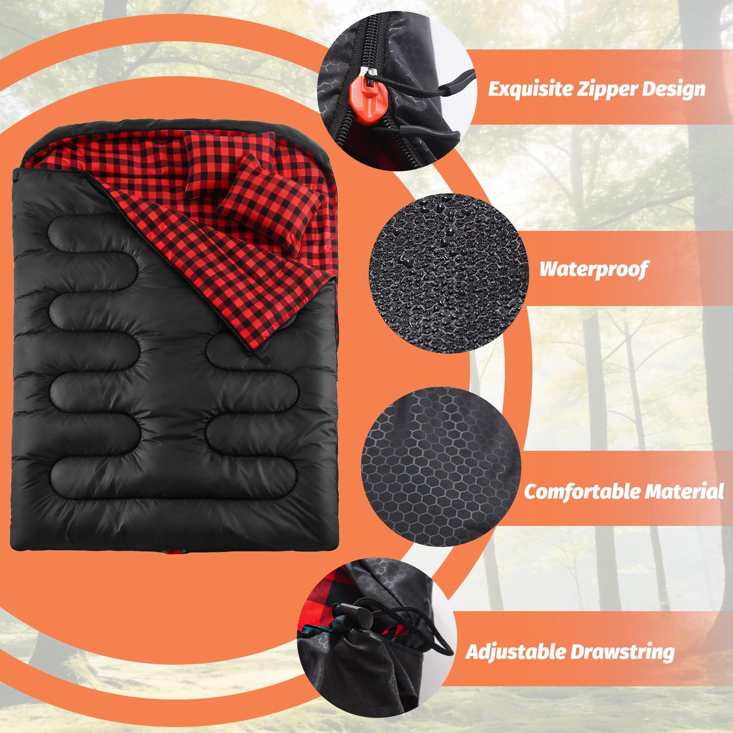 Swtmerry Flannel Double Sleeping Bag for Adults with 2 Pillows Cold Weather, Big & Tall Queen Size