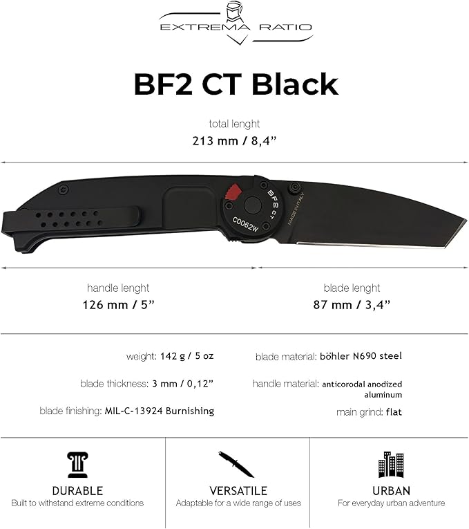 Extrema Ratio - BF2 CT (BLACK), Folding Knife, Böhler N690 steel blade hardened to 58 HRC, burnished finish, smooth anticorodal aluminum handle, dual guards, reversible clip, compact and durable