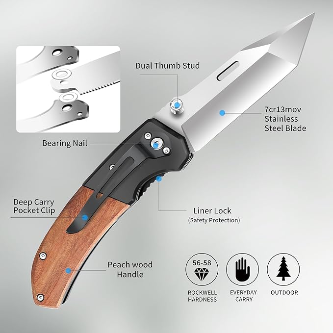 Harita Pocket Knife for Men, Folding Utility with Pocket Clip, Wood Handle EDC for Women with 3.4″ Sliver Steel Blade, Camping Knife, Hunting, Hiking - Father's Day Gift (Sliver, 3.4 inch Classic Blade)