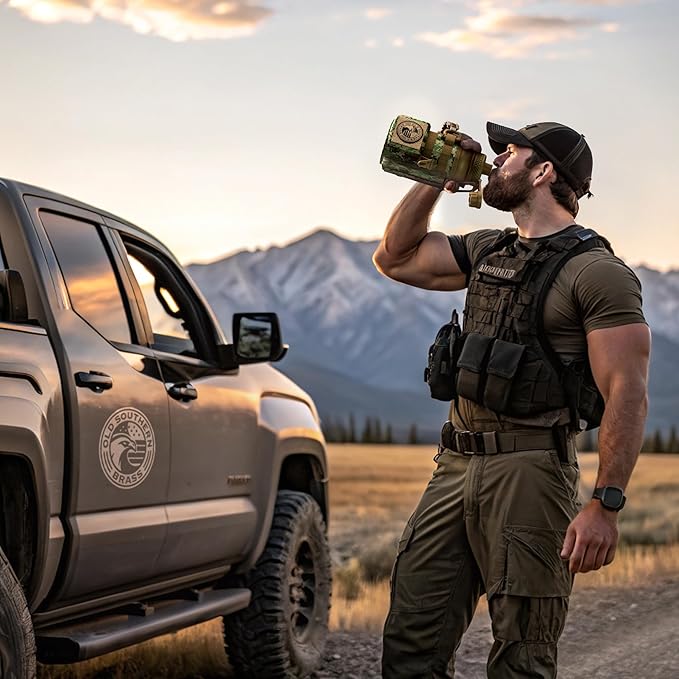 Combat Canteen - 32oz Insulated Water Bottle with Paracord Handle, Stainless Steel Water Jug with Rugged Pockets for Keys, Wallet & Phone - Green Digital Camo