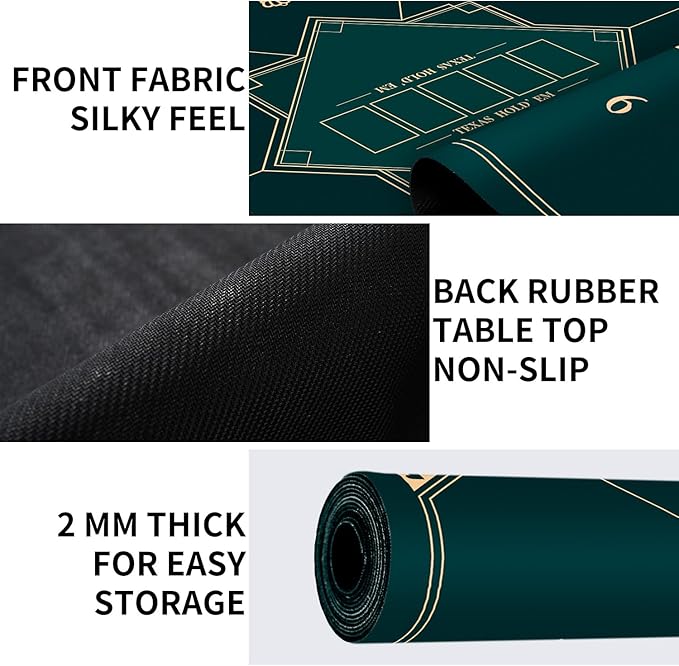 nuveti 24/31/39/47/55 inch Square Foldable 6-Player Texas Poker Card Tabletop Layout Portable Anti-Slip Rubber Board Game Mat Texas Hold'em Poker Mat for Family Game, Casino, Party