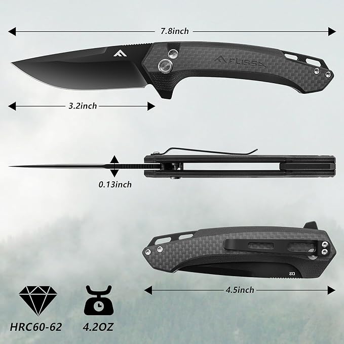 FLISSA Pocket Folding Knife, 3.2??D2 Blade Carbon Fiber Handle EDC Knife with Pocket Clip for Hiking, Camping, Outdoor Activities