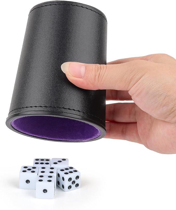 Felt-Lined PU Leather Dice Cup Set, 6 Quiet Dice Shaker Cups with 36 Dices for Bar Party Yahtzee Farkle Dice Games, Purple
