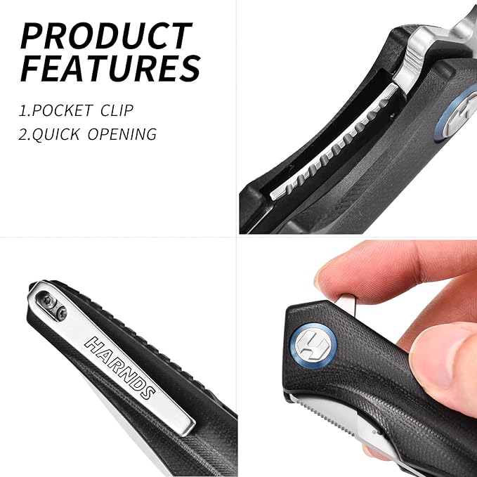 Qingluan Folding Knife with Pocket Clip, D2 Steel Blade 3.54'' and G10 Handle Outdoor Adventure knife EDC Camping Knife (Black)