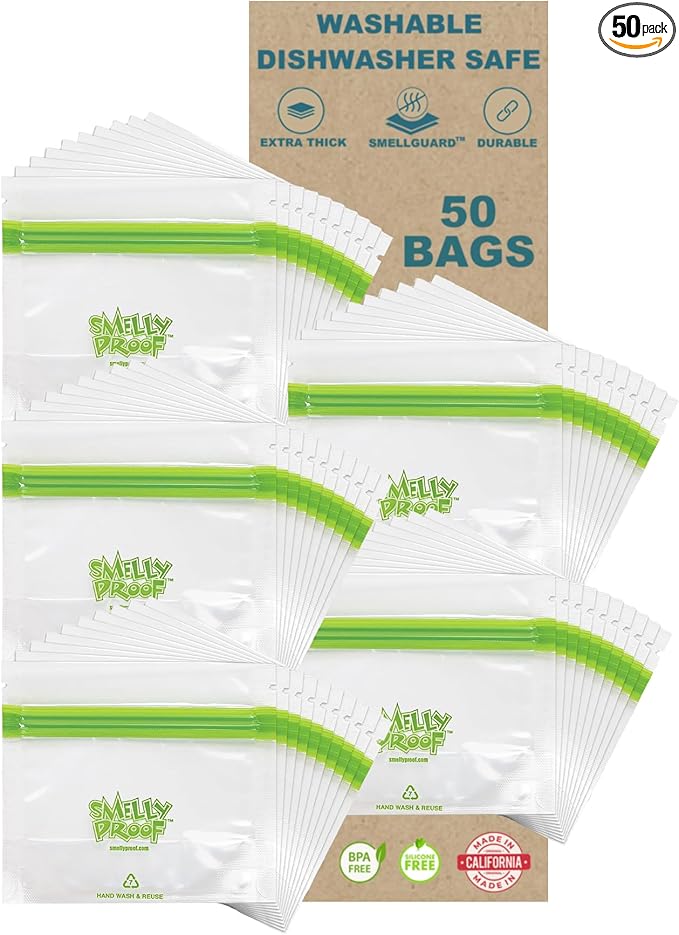 Smelly Proof 50pk Stand-Up Reusable Food Storage Freezer Bags - US Made, BPA FREE, NO PEVA, Clear 3 mils 4" x 3" - 50 pcs