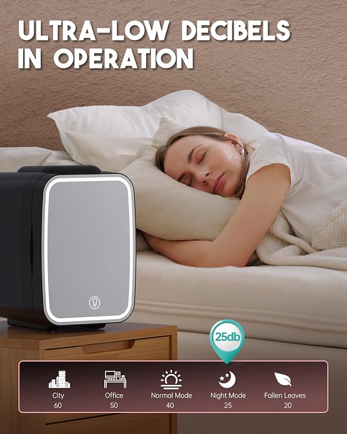 Skincare Fridge with Dimmable LED Light Mirror, 4L/6Can Mini Fridge Skincare for Bedroom,Office,Dorm,Cooler & Warmer,Portable refrigerator for SkinCare, Food and Drinks,Black